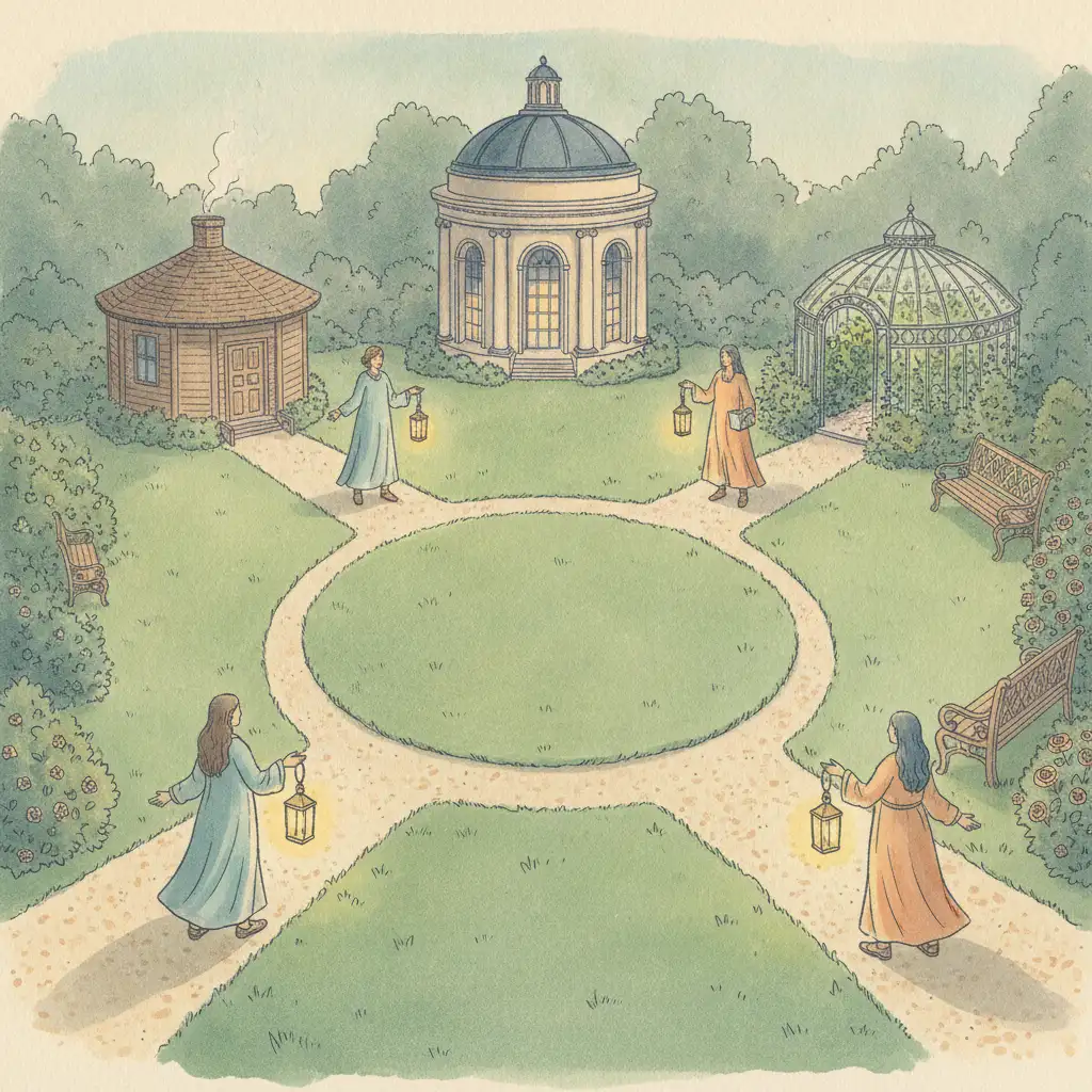 An illustrated crossroads with winding paths, gentle pavilions, and guides carrying warm lanterns